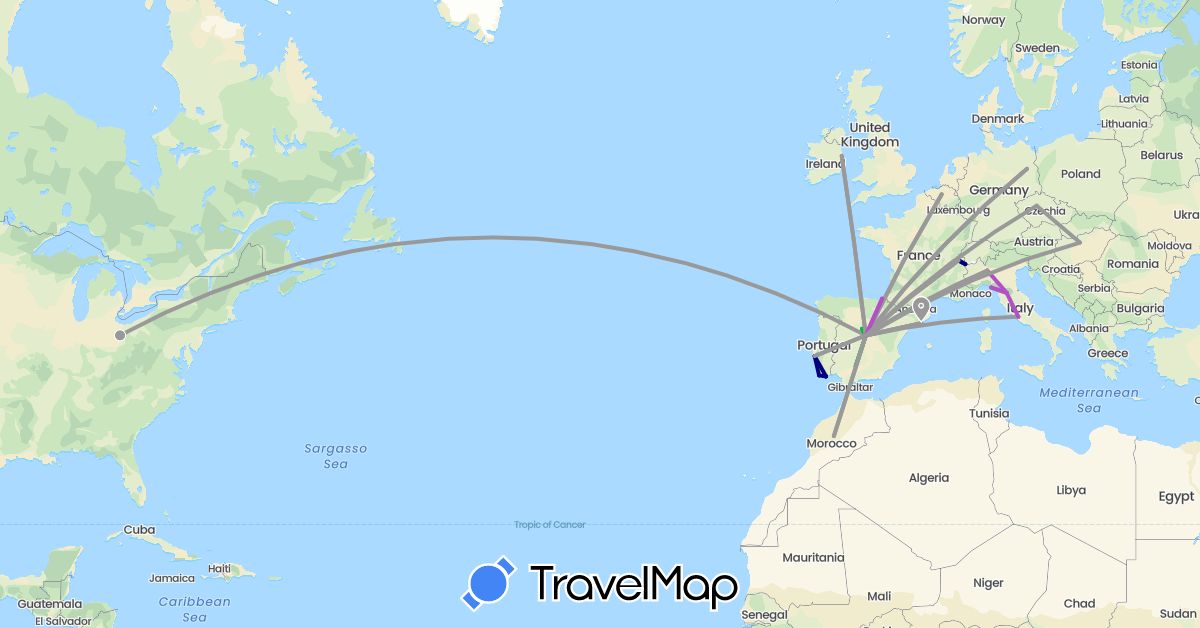 TravelMap itinerary: driving, bus, plane, train in Belgium, Switzerland, Czech Republic, Germany, Spain, France, Hungary, Ireland, Italy, Morocco, Portugal, United States (Africa, Europe, North America)